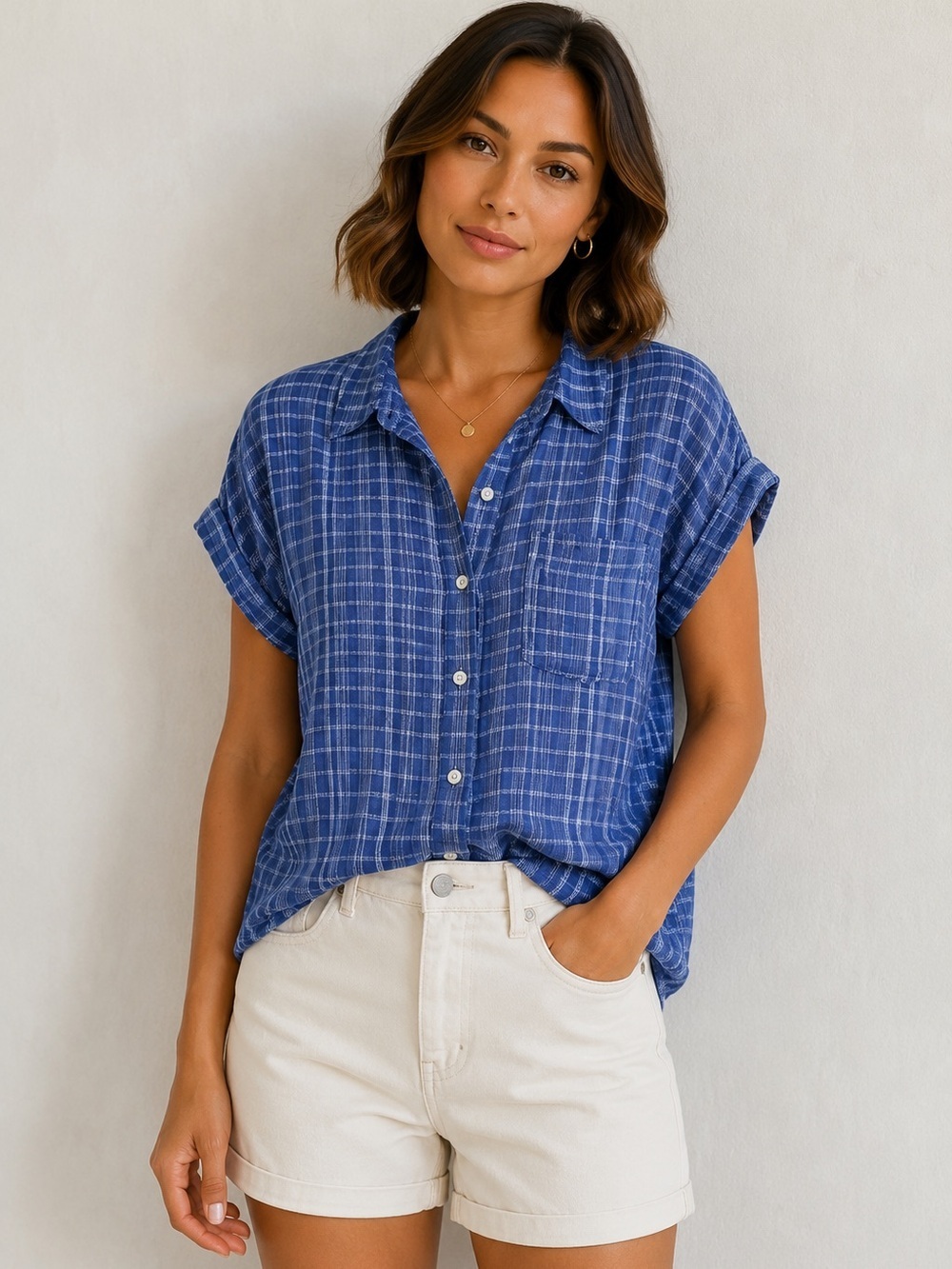 Como Vintage Blue Plaid Button Down Shirt Cuff Sleeve